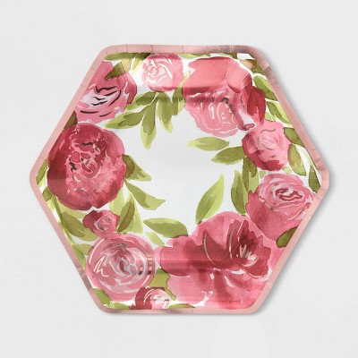 20ct 9" Hexagon Floral Metallic Dinner Paper Plates - Spritz™