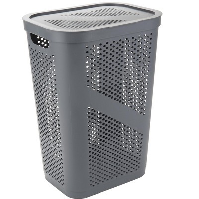 Gray Perforated Plastic Collapsible Laundry Hamper with Lid