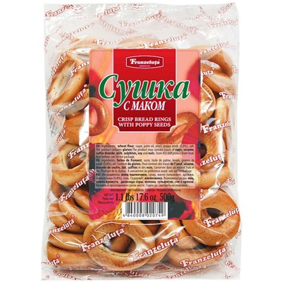 Franzeluta Crisp Bread Rings Bubliki with Poppy Seeds 500g - a delightful twist on the classic Russian snack, now adorned wit
