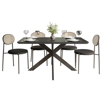 LeisureMod Ravenna 5-Piece Dining Set - 63" Rectangular MDF Top Dining Table in Ebony & 4 Velvet Dining Chairs in Black Steel Legs