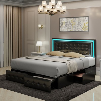 CAVINAS Full/King Size Modern Platform Bed Frame with LED Lights Headboard & 4 Storage Drawers,No Box Spring Needed