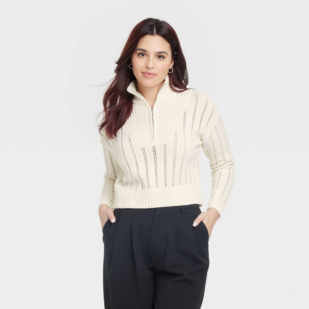 Women's Mock Turtleneck Quarter Zip Pullover Sweater - A New Day™ Cream XL