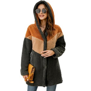Coolmee Hooded Cardigan for Women Oversized Sweatshirt Fuzzy Fleece Blanket Hoodie Jacket with Front Button Down - 1 of 4