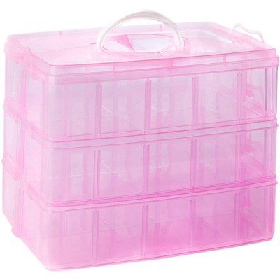 Clear Pink Bead Organizer, Storage Box with Compartments (9.8 x 6.5 x 7.25 In)