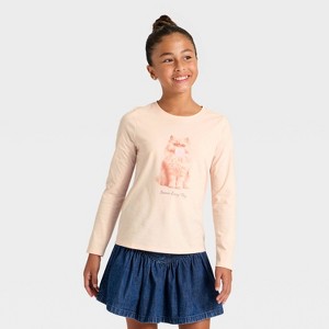 Girls' Long Sleeve 'Bubble Cat' Graphic T-Shirt - Cat & Jack™ Peach Orange - 1 of 4