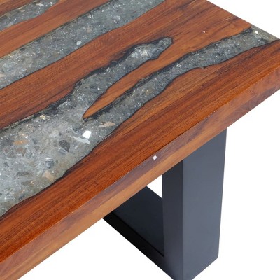 Rustic Teak and Mango Wood Coffee Table with Resin Inlay