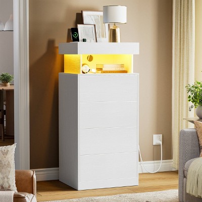 WOWLIVE 4 Drawer Dresser with Outlet & LED, Dresser with Push-To-Open Extension Drawer, Wood Storage Chest