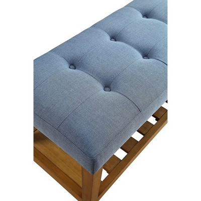Blue Fabric Bench with Oak Finish and Shelf