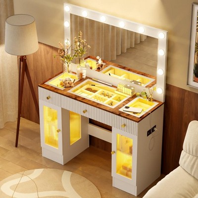 YONWAY 43.3" Makeup Vanity Desk with Mirro, with Drawers and Power Outlet, Large Dressing Table, RGB Cabinets for Bedroom