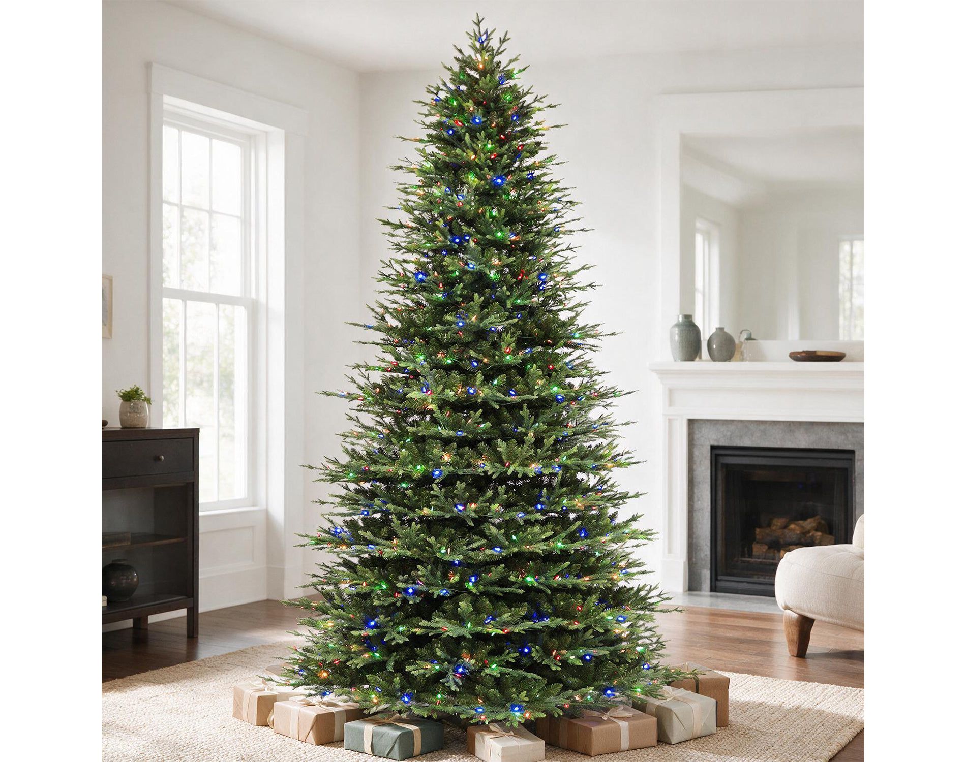 VIVATREES 7.5ft Prelit Artificial Christmas Tree With Dual Color 10 LED Lights Modes Metal Stand Hinged Branches Realistic Pine for Holiday
