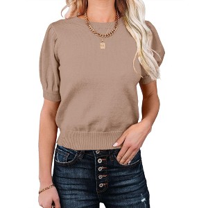 Women's Short Sleeve Sweater Tops 2025 Spring Summer Trendy Crew Neck Casual T Shirts Blouses,Khaki - XL - 1 of 4