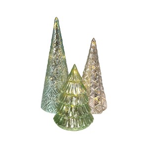Lumabase 3ct Battery Operated Green and Silver Trees - 1 of 4