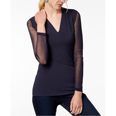 I.N.C International Concepts Womens Illusion Knit Blouse, Blue, Small