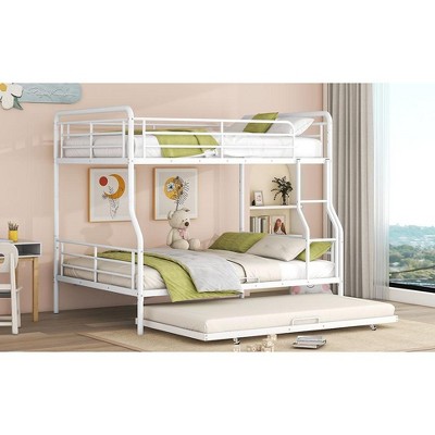 Okak Full XL Over Queen Metal Bunk Bed with Twin size Trundle Loft Bunk Bed with Ladder for Kids Teens, Easy Assemble, White