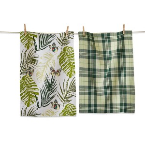 tagltd Set of 2 Palm And Butterfly Print with Coordinating Green and Black Stripe Cotton   Kitchen Dishtowels 26L x 18W in. - 1 of 3
