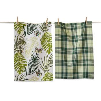 tagltd Set of 2 Palm And Butterfly Print with Coordinating Green and Black Stripe Cotton   Kitchen Dishtowels 26L x 18W in.