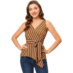 Allegra K Women's Sleeveless V Neck Tie Waist Asymmetric Hem Wrap Peplump Tops - 1 of 4