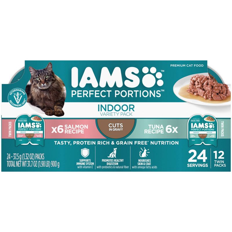IAMS Perfect Portions Grain Free Indoor Cuts In Gravy Salmon &#38; Tuna Recipes Premium Adult Wet Cat Food - 2.6oz/12ct Variety Pack, 1 of 13