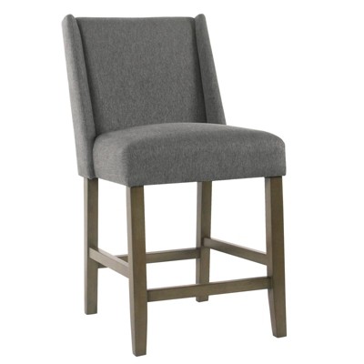 Fabric Upholstered Wooden Counter Height Barstool with Curved Backrest and Cushion Seat Dark Gray - Benzara