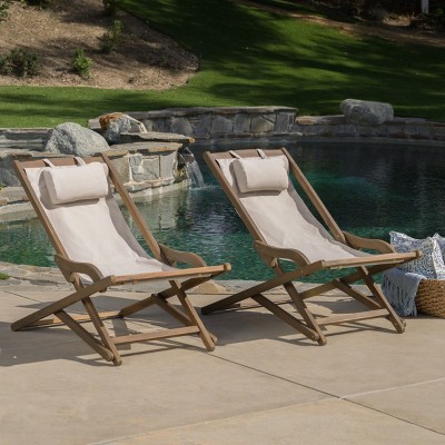 Set Of 2 Portable Folding Beach Hanging Chair,Outdoor Lounge Polyester Chair With Pillow,Wood Beach Chair For Beach Backyard-Coolbibila