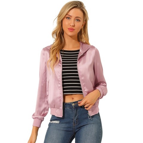 INSPIRE CHIC Women's Casual Zipper Front Satin Lightweight Bomber Jacket Dirty Pink Medium
