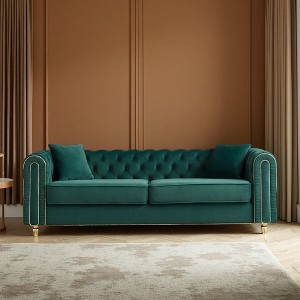 86" Fabric Tufted Sofa with Gold Details & 2 Pillows - 1 of 4