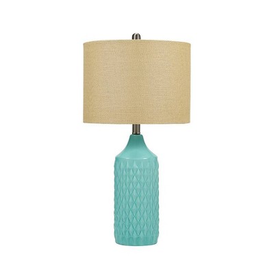 26.5" Quilted Ceramic Table Lamp with Natural Linen Drum Shade Aqua Blue - Cresswell Lighting