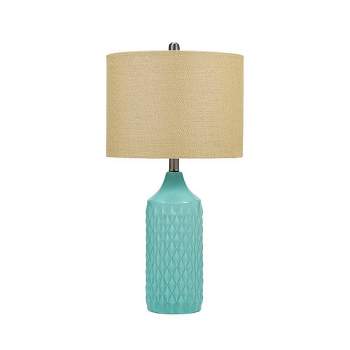 26.5" Quilted Ceramic Table Lamp with Natural Linen Drum Shade Aqua Blue - Cresswell Lighting