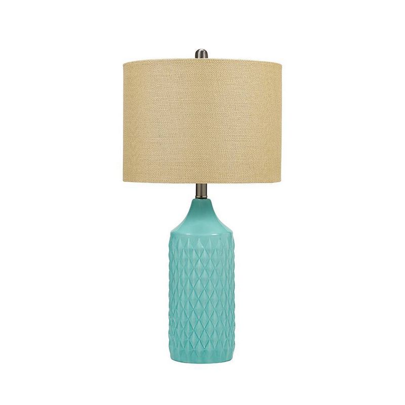 26.5&#34; Quilted Ceramic Table Lamp with Natural Linen Drum Shade Aqua Blue - Cresswell Lighting, 1 of 11
