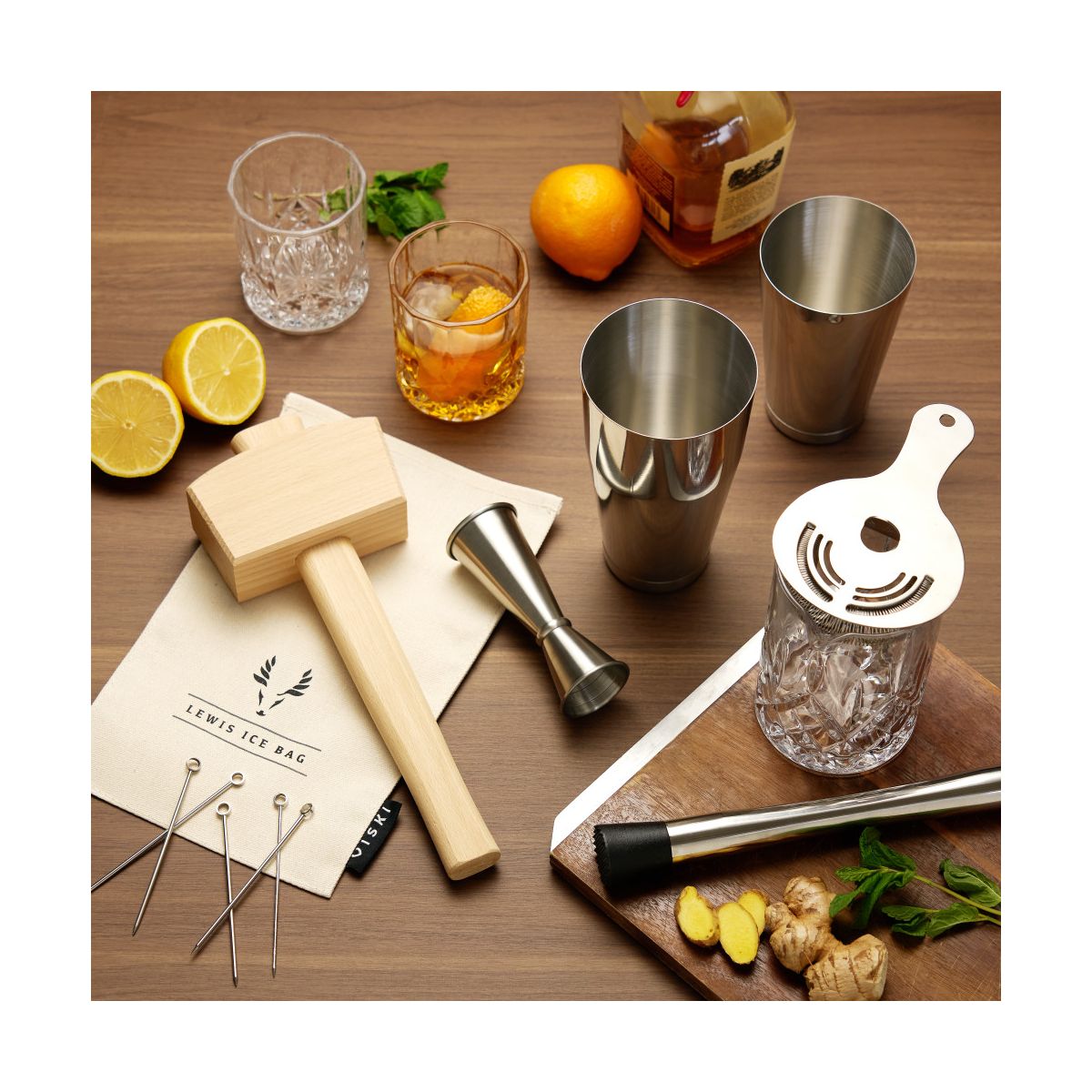 Viski 17-Piece Bartender Kit, Shakers Tins, Mixing Glass, Jigger, Muddler, Strainer, Spoon, Whiskey Glasses, Ice Bag, Mallet, Picks, Bar Gifts for Men - thumbnail 4