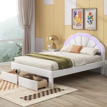 Queen Size Upholstered Platform Bed With Seashell Shaped Headboard, Led ...