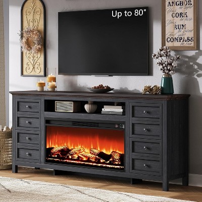 AMERLIFE 70" Farmhouse TV Stand with 37" 7-Color Fireplace for 80" TVs