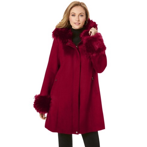 Jessica London Women's Plus Size Hooded Faux Fur Trim Coat - 22 W, Red