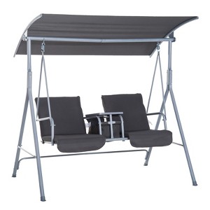 Outsunny 2 Person Porch Swing with Stand, Outdoor Swing with Canopy, Pivot Storage Table, 2 Cup Holders, Cushions for Patio, Backyard - 1 of 4