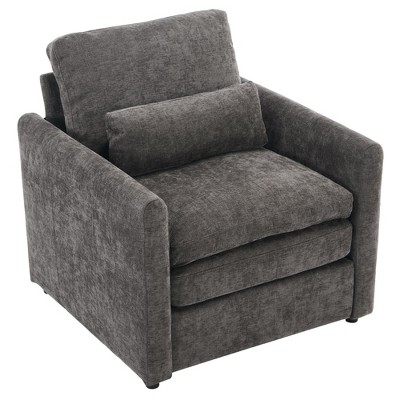 Vynxaria Modern 31.9" Oversized Upholstered Armchair - Chenille Fabric, Double Cushion, Curved Armrests, Detachable Lumbar Pillow, Grey