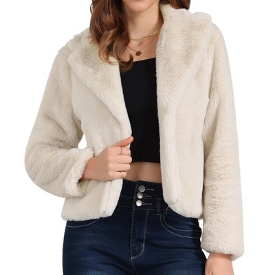 Seta T Women's Fashion Long Sleeve Faux Fur Fluffy Notch Lapel Cropped Jacket