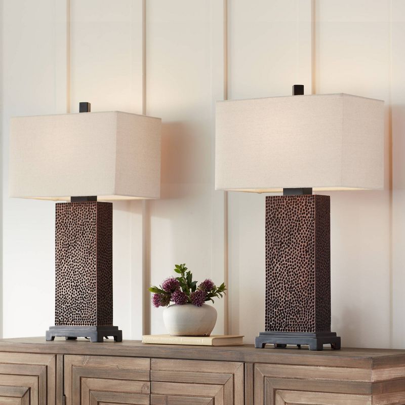 360 Lighting Caldwell Rustic Farmhouse Table Lamps 24.75" High Set of 2 Bronze Hammered Fabric Rectangular Shade for Bedroom Living Room Bedside, 2 of 8