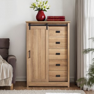VANIRROR 5-Drawer Dresser with Sliding Barn Door – Farmhouse Modern Tall Storage Cabinet for Bedroom, Hallway, Living Room, Kids Room - 1 of 4