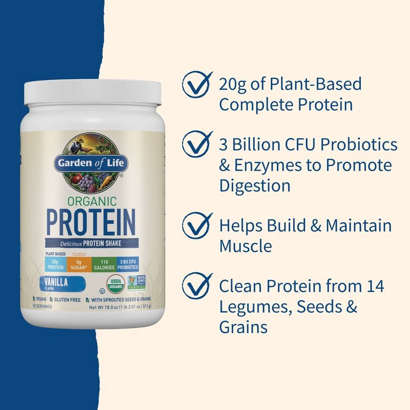 Garden of Life Organic Vegan Protein Plant Based Powder - Vanilla - 18oz, 5 of 13