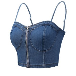 INSPIRE CHIC Women's Spaghetti Strap Sleeveless Zip Up Denim Crop Top - 1 of 4