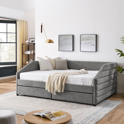 NicBex Queen Size Daybed with 2 Drawers,Linen Upholstered Tufted Sofa Bed for Bedroom,Living Room,Apartment