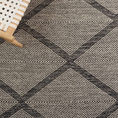 Ivory and Black Geometric Handwoven Wool-Cotton Rug, 6' x 9'