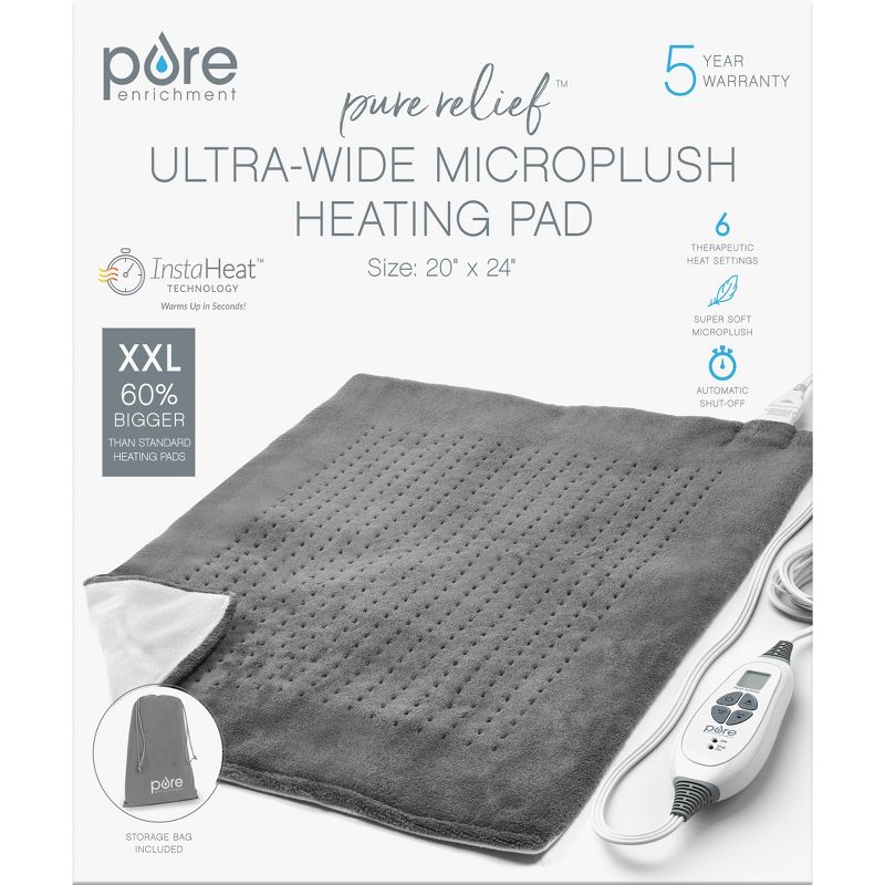 Pure Enrichment PureRelief with 6 Heat Settings and Auto Shut-off XXL Extra Wide Heating Pad - 20&#34;x24&#34;- Charcoal Gray, 6 of 9