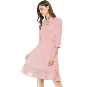 Allegra K Women's Solid Ruffle Hem 3/4 Sleeve A-Line Smocked Short Chiffon Dress - 1 of 4