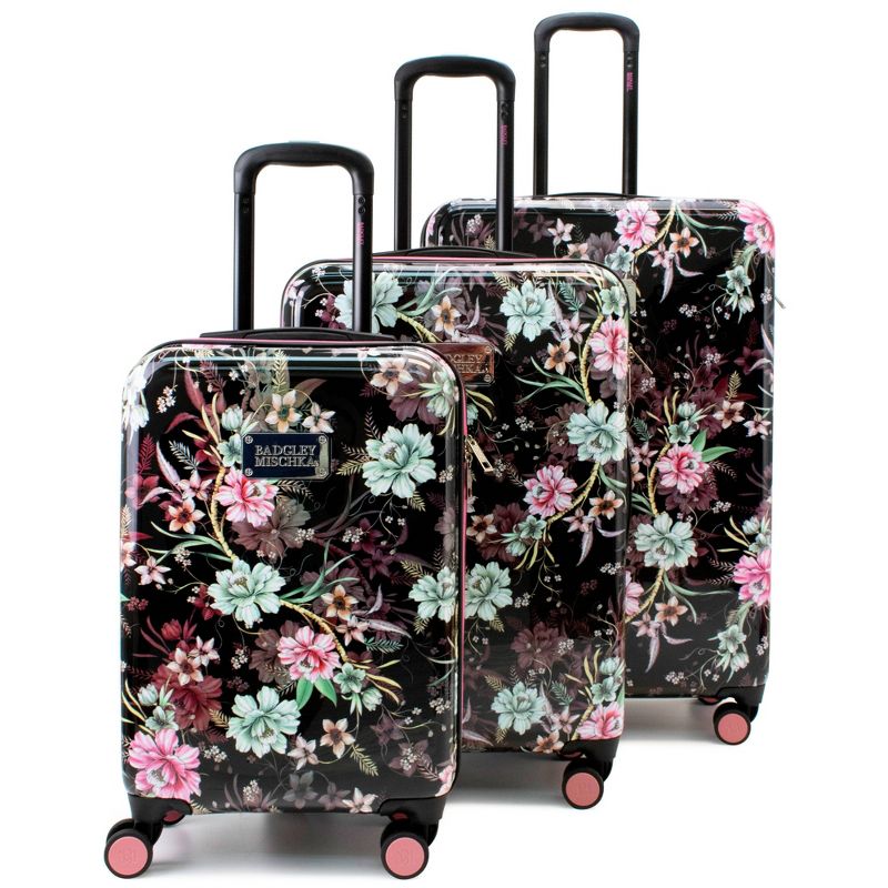 Badgley Mischka Winter Flowers Expandable Hardside Checked 3pc Luggage Set - Black, 4 of 6