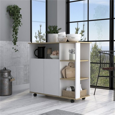 LunaLulinlk Kitchen Island, One Cabinet, Four Open Shelves, Light Oak / White Finish