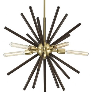 Progress Lighting Thorpe 5-Light Chandelier, Brushed Nickel, Mid-Century Modern, Faux Barnwood Finish, Satin Brass - 1 of 1