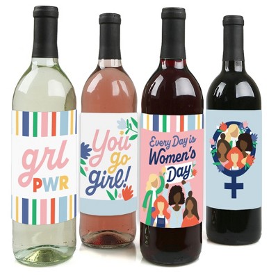 Big Dot of Happiness Women's Day - Feminist Party Decorations for Women - Wine Bottle Label Stickers - Set of 4