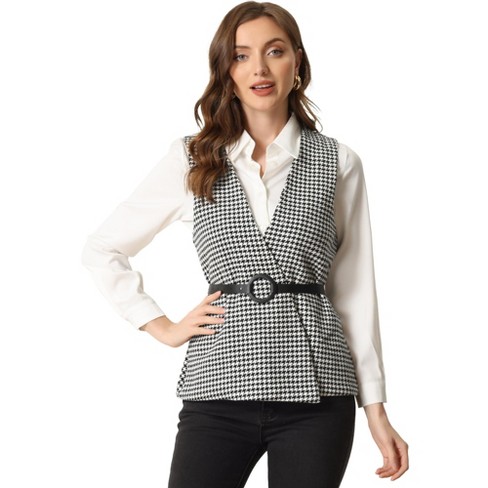 Unique Bargains Women's Plaid Tweed Blazer Long Sleeve Open Front Work  Jacket L Black