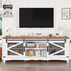 65" Modern Farmhouse TV Stand - White Entertainment Center for up to 75" TVs with Sliding Barn Doors, Storage, and Adjustable Shelves - 1 of 4